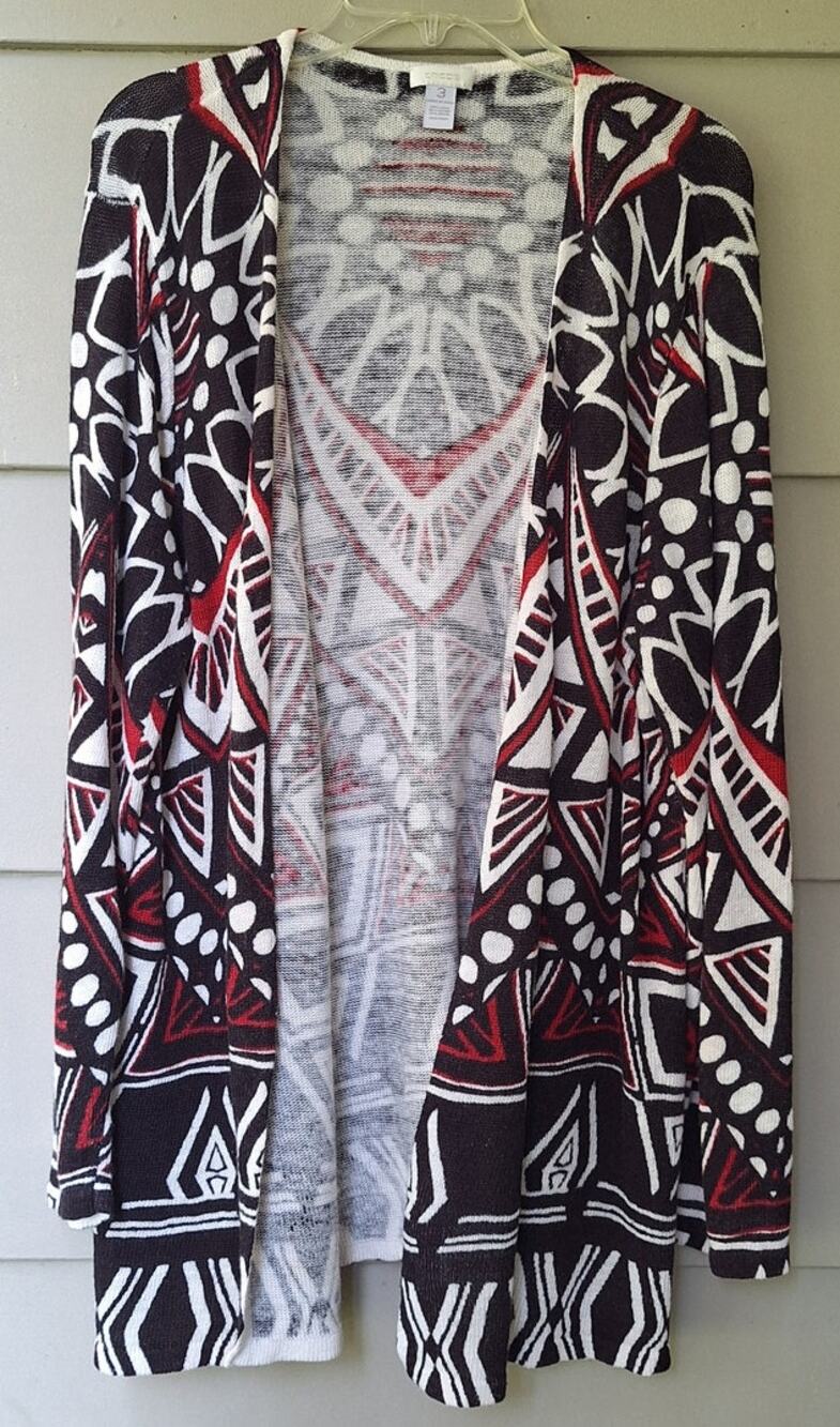 chicos Linen Cotton Open long Cardigan Duster Aztec Tribal Print Back Red XL (3)